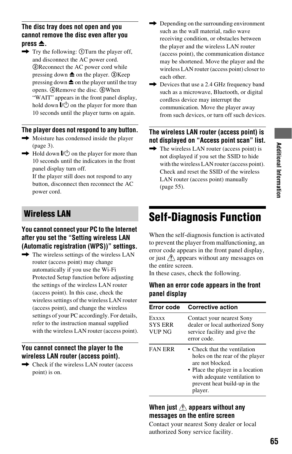 Self-diagnosis function, Wireless lan | Sony BDP-S560 User Manual | Page 65 / 87