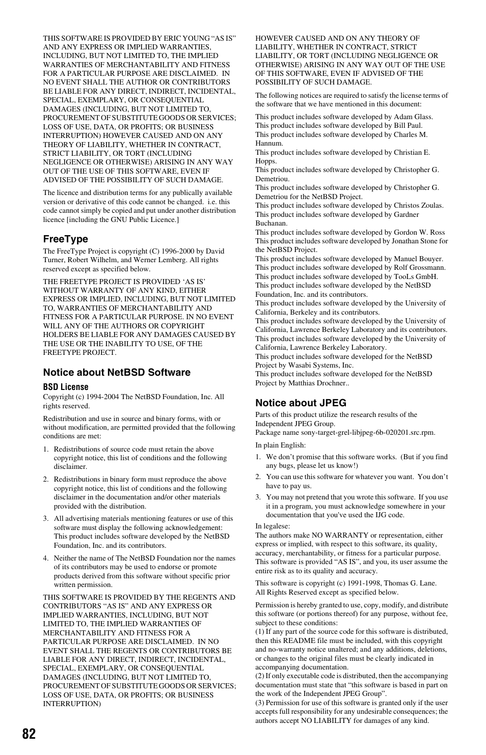Freetype, Notice about netbsd software, Notice about jpeg | Sony BDP-S560 User Manual | Page 82 / 87