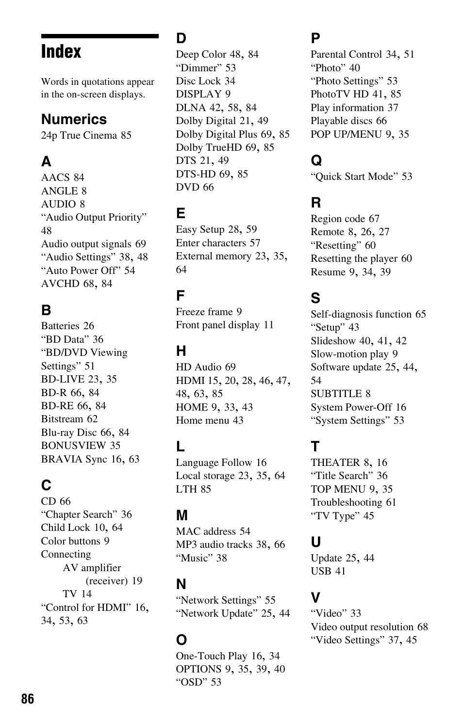 Index, Numerics | Sony BDP-S560 User Manual | Page 86 / 87