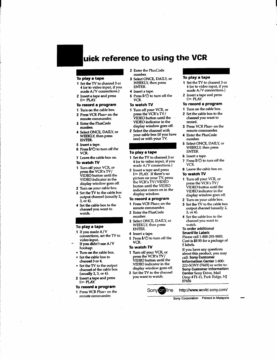 Uick reference to using the vcr, L/(!) | Sony SLV-M91HF User Manual | Page 80 / 80