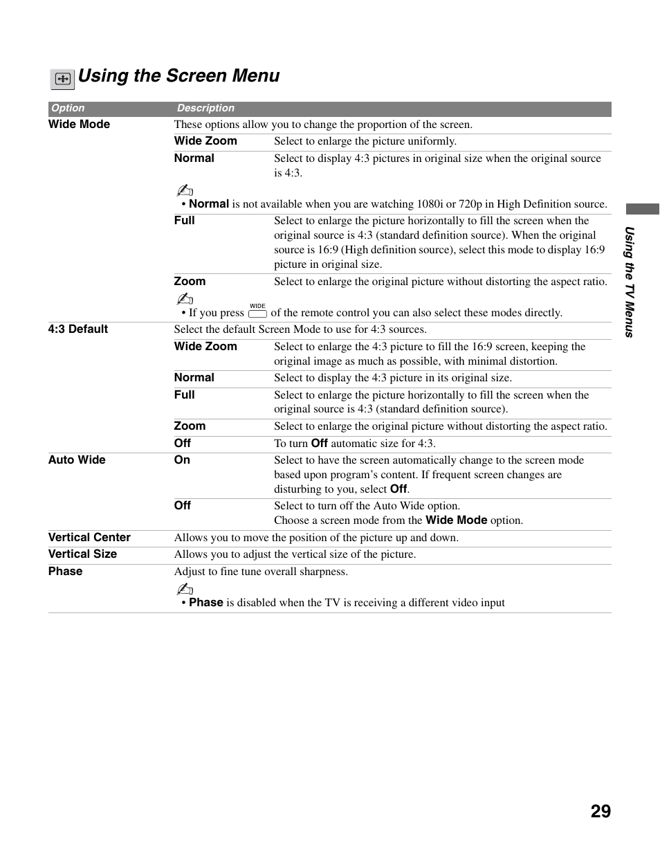 Using the screen menu, And 29 | Sony KDL-26M3000 User Manual | Page 29 / 48