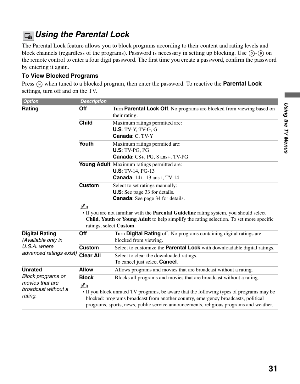 Using the parental lock | Sony KDL-26M3000 User Manual | Page 31 / 48