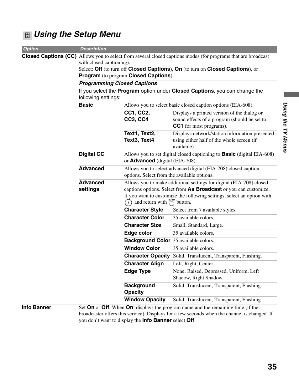 Using the setup menu | Sony KDL-26M3000 User Manual | Page 35 / 48