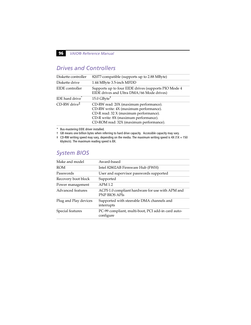 Drives and controllers, System bios, Drives and controllers system bios | Sony PCV-J100 User Manual | Page 110 / 114