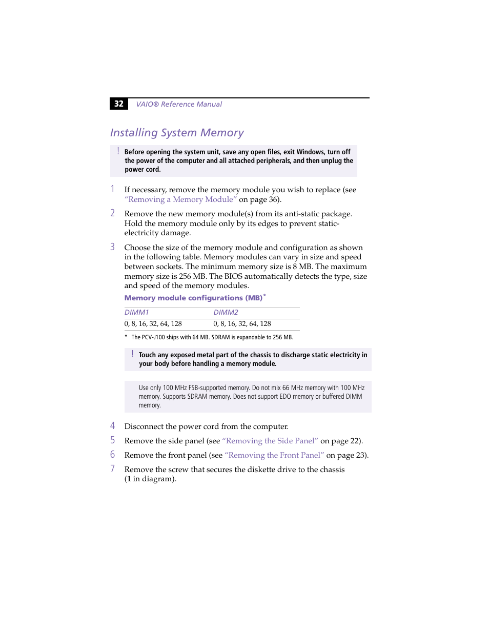 Installing system memory | Sony PCV-J100 User Manual | Page 46 / 114