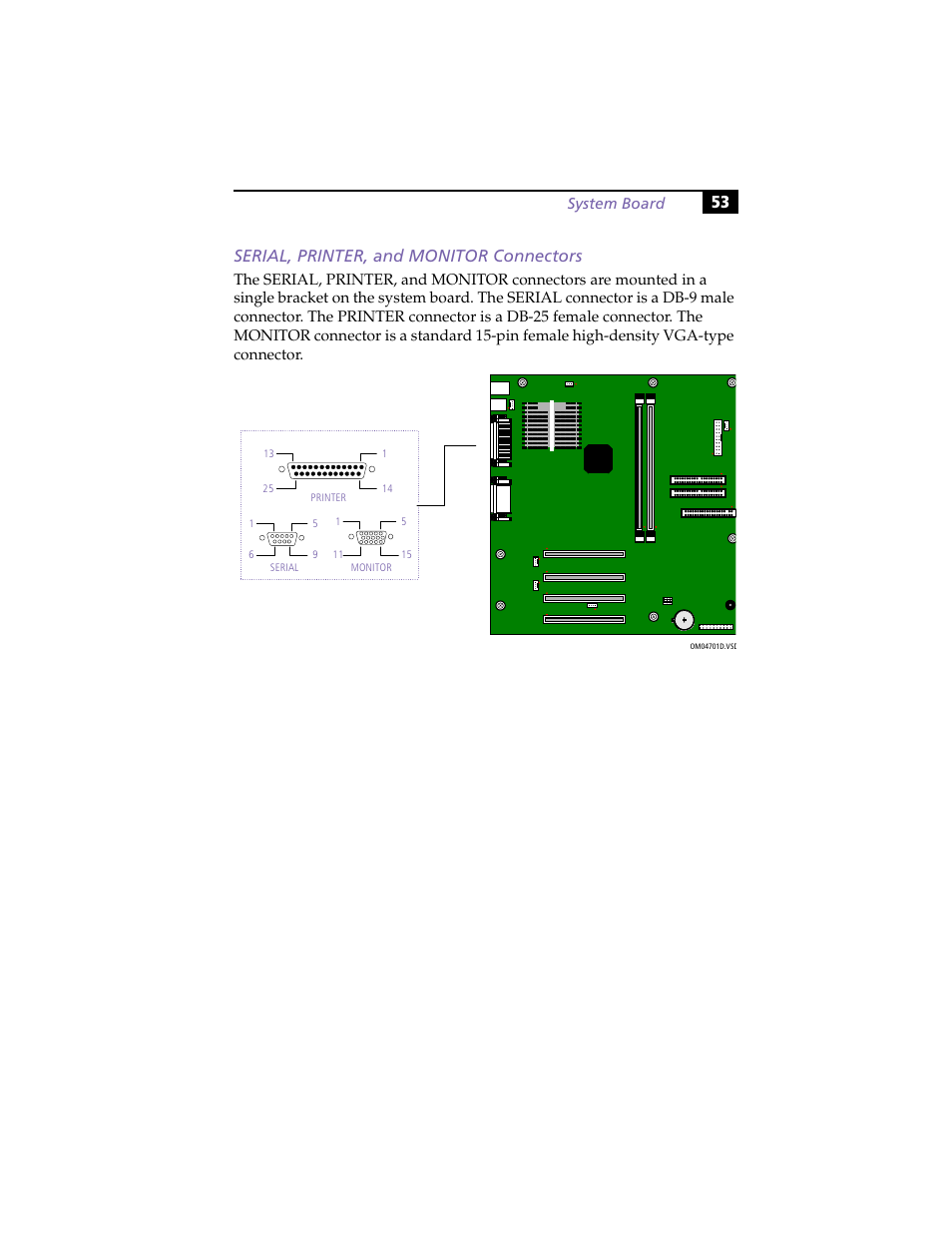 Serial, printer, and monitor connectors, 53 serial, printer, and monitor connectors, System board | Sony PCV-J100 User Manual | Page 67 / 114