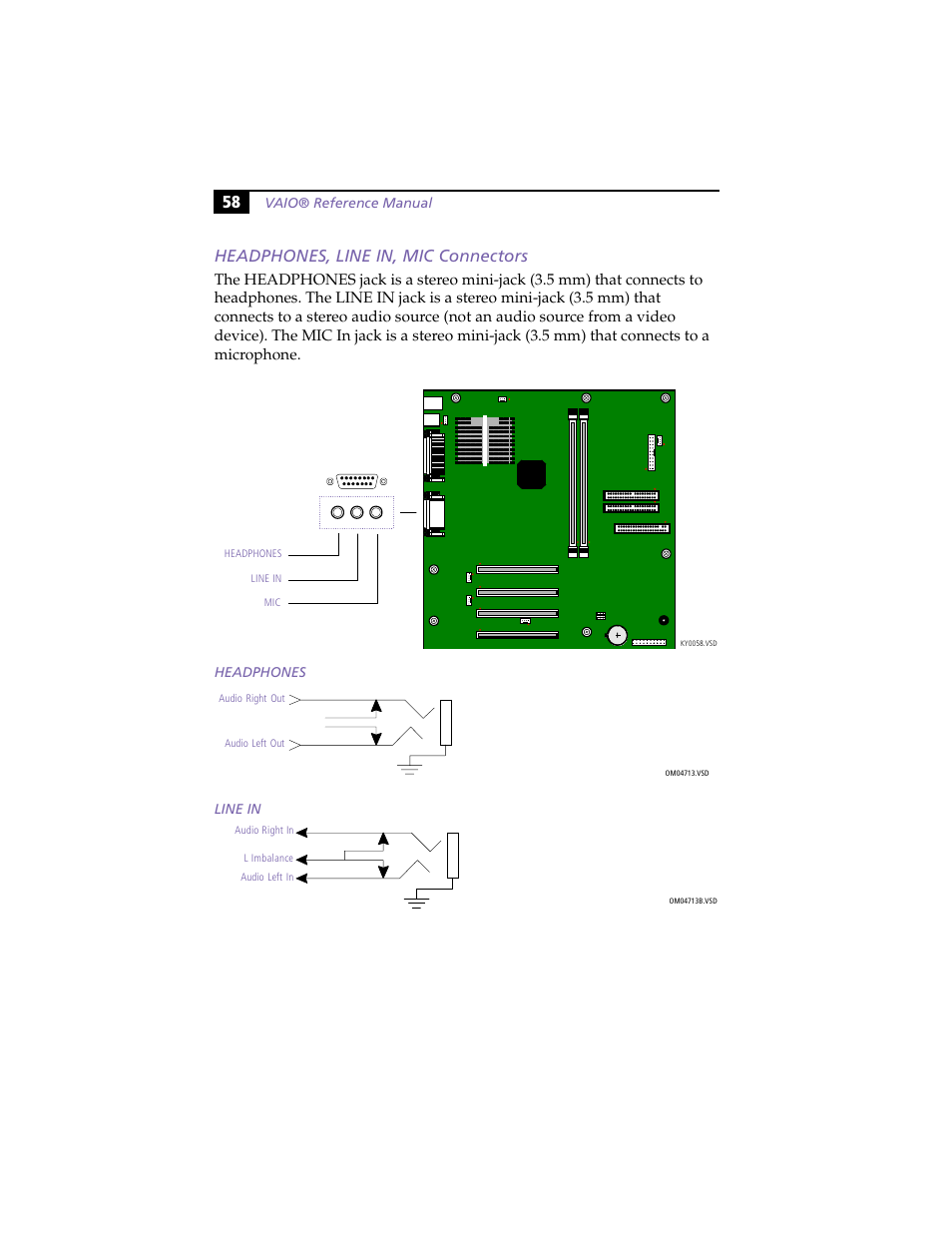Headphones, line in, mic connectors, Headphones, Line in | 58 headphones, line in, mic connectors | Sony PCV-J100 User Manual | Page 72 / 114