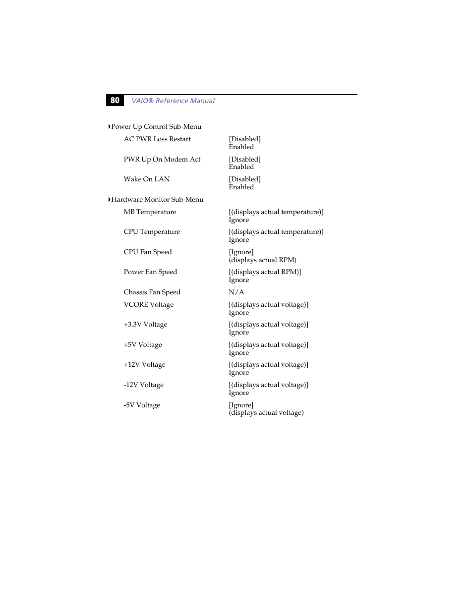 Power up control sub-menu, Hardware monitor sub-menu | Sony PCV-J100 User Manual | Page 94 / 114