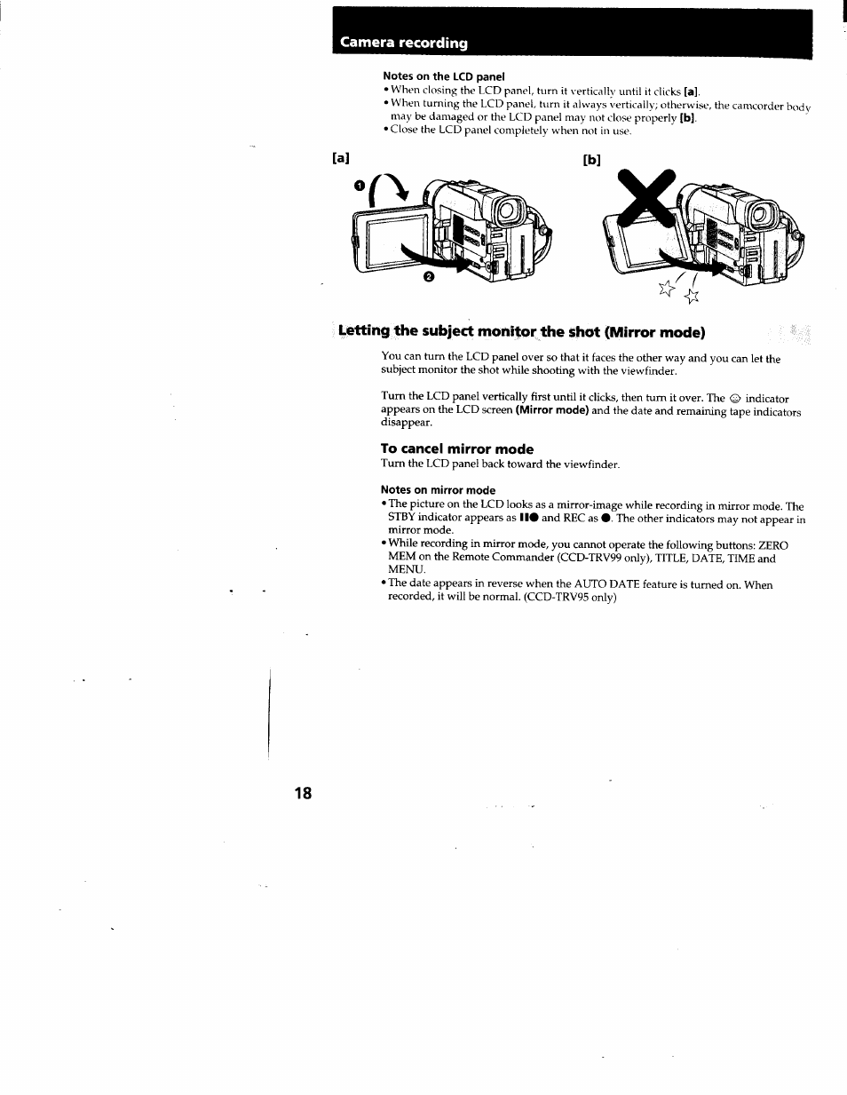 Notes on the lcd panel, Letting the subject monitor the shot (mirror mode), To cancel mirror mode | Notes on mirror mode, Camera recording | Sony CCD-TRV95 User Manual | Page 19 / 110
