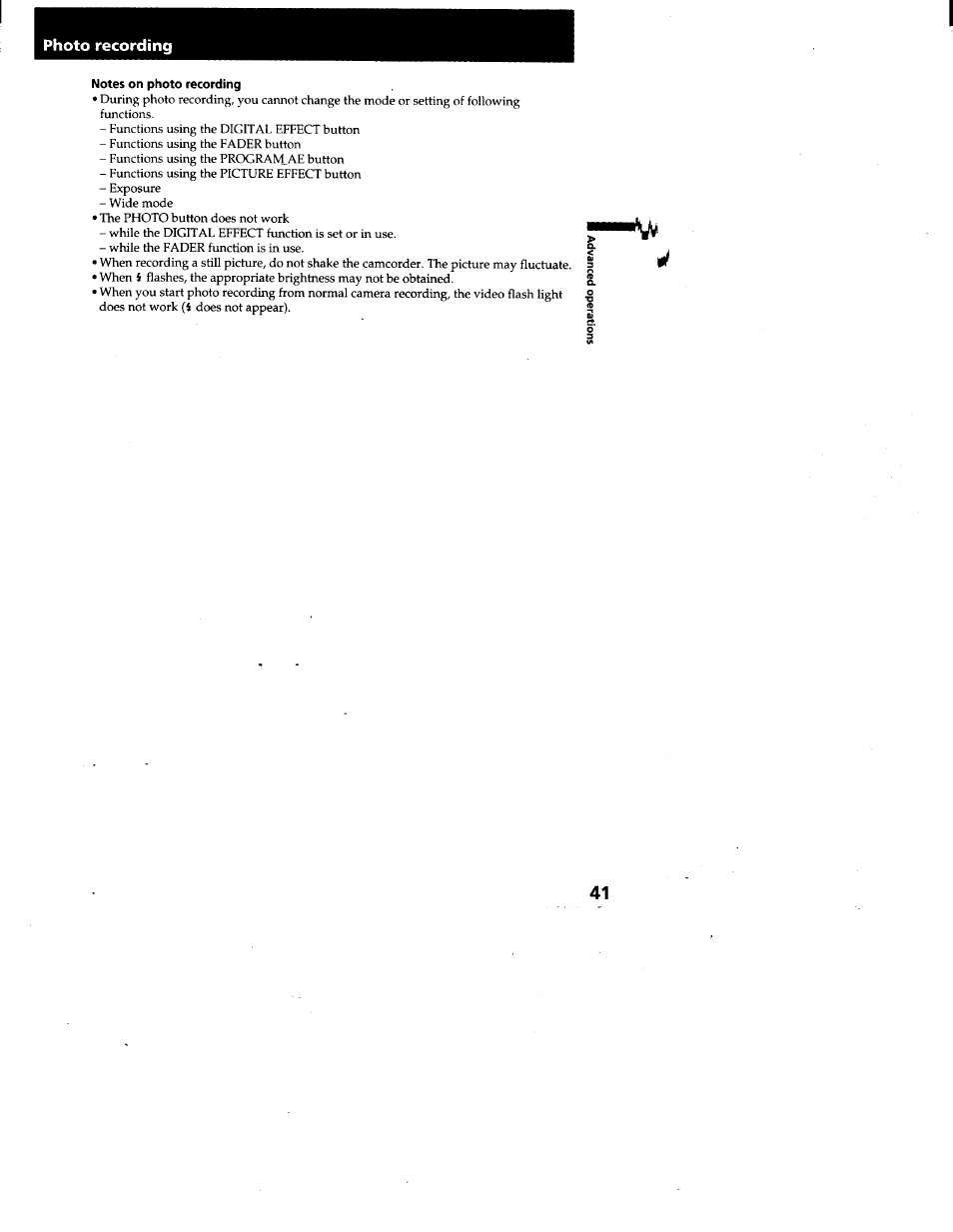 Photo recording, Notes on photo recording | Sony CCD-TRV95 User Manual | Page 42 / 110