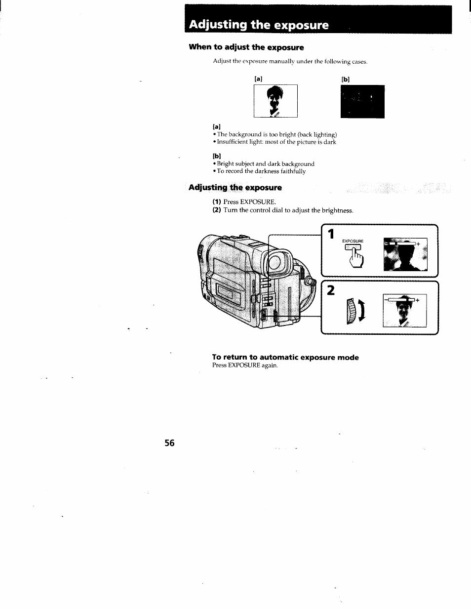Adjusting the exposure, When to adjust the exposure, To return to automatic exposure mode | Sony CCD-TRV95 User Manual | Page 57 / 110