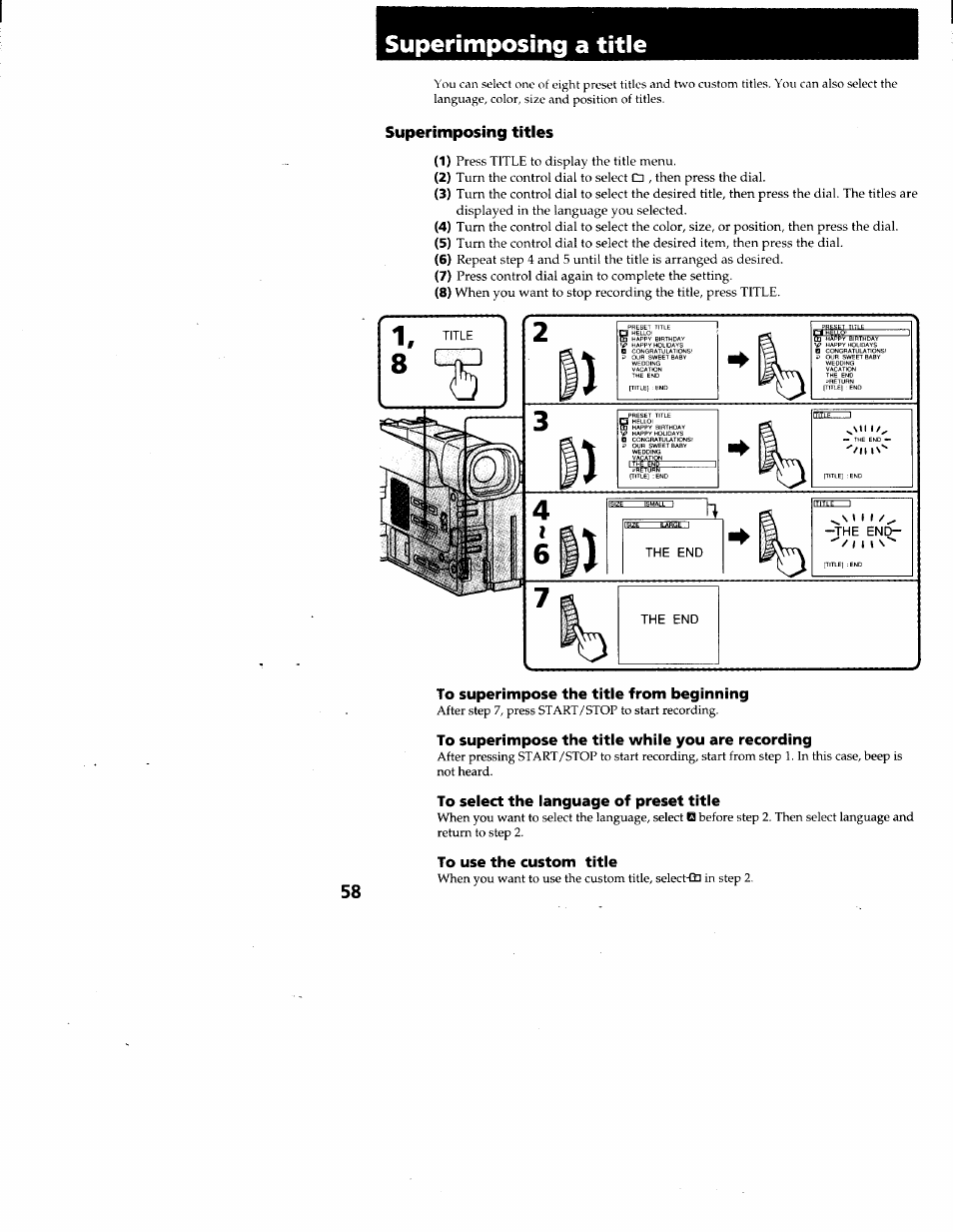 Superimposing a title, Superimposing titles, To superimpose the title from beginning | To superimpose the title while you are recording, To select the language of preset title, To use the custom title | Sony CCD-TRV95 User Manual | Page 59 / 110