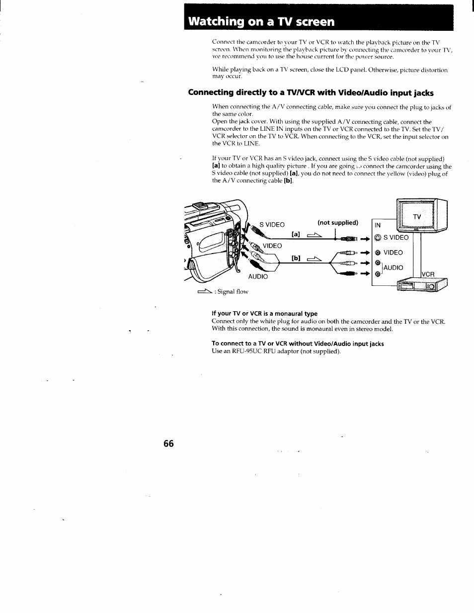 Watching on a tv screen, If your tv or vcr is a monaural type | Sony CCD-TRV95 User Manual | Page 69 / 110