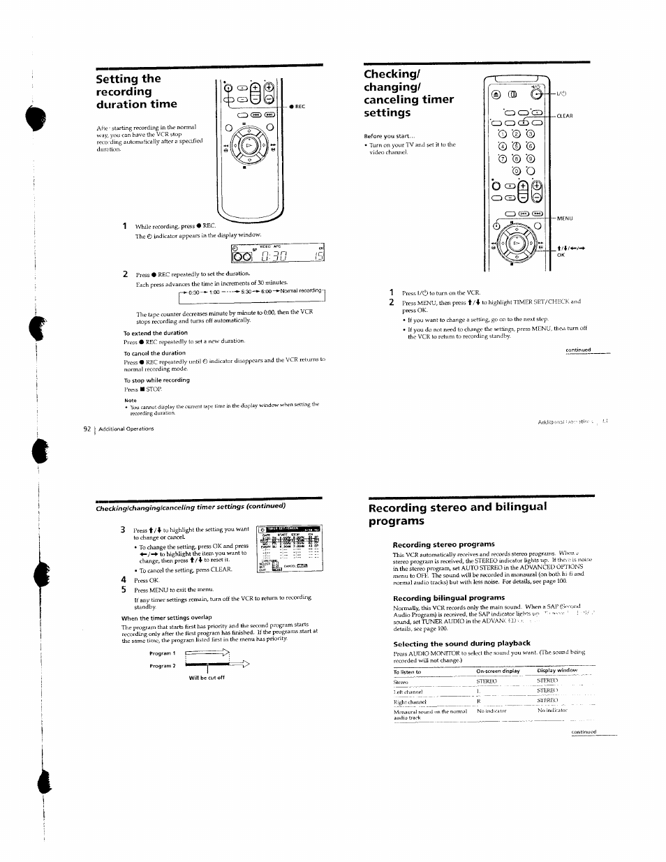 Setting the recording duration time, Checking/ changing/ canceling timer settings, Recording stereo and bilingual programs | Sony SLV-789HF User Manual | Page 27 / 31