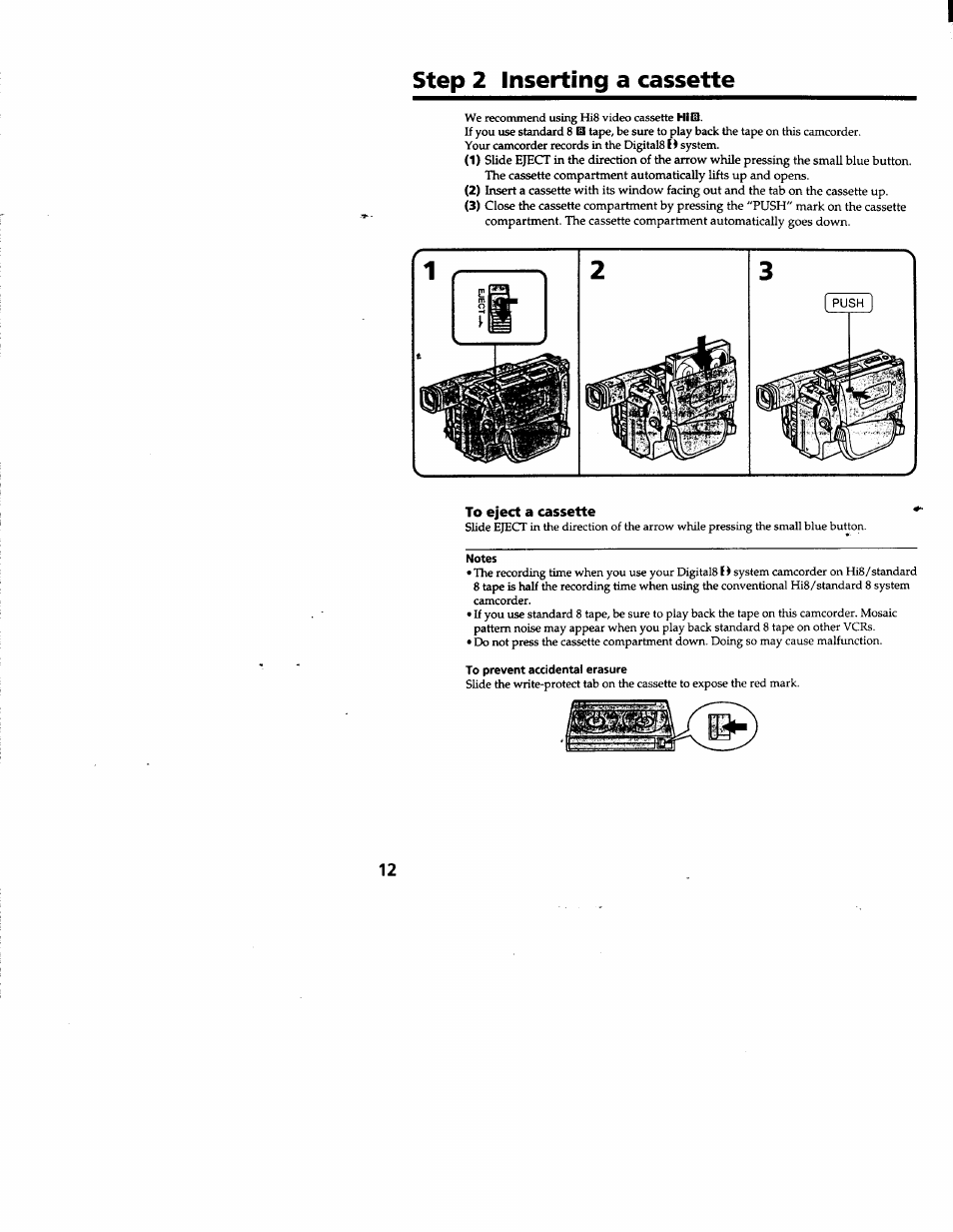 Step 2 inserting a cassette, To eject a cassette, Notes | To prevent accidental erasure | Sony DCR-TRV103 User Manual | Page 12 / 84
