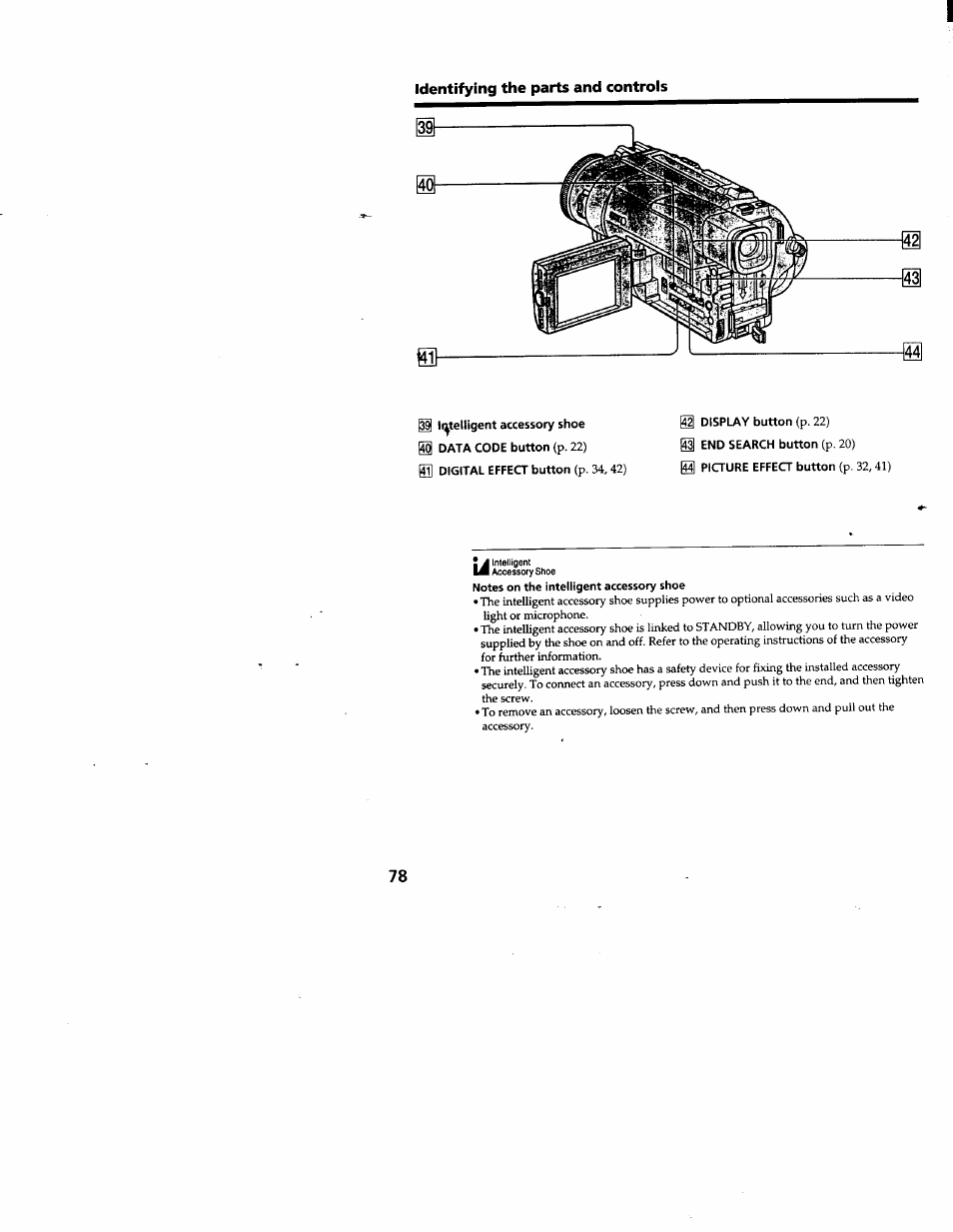 Identifying the parts and controls | Sony DCR-TRV103 User Manual | Page 78 / 84