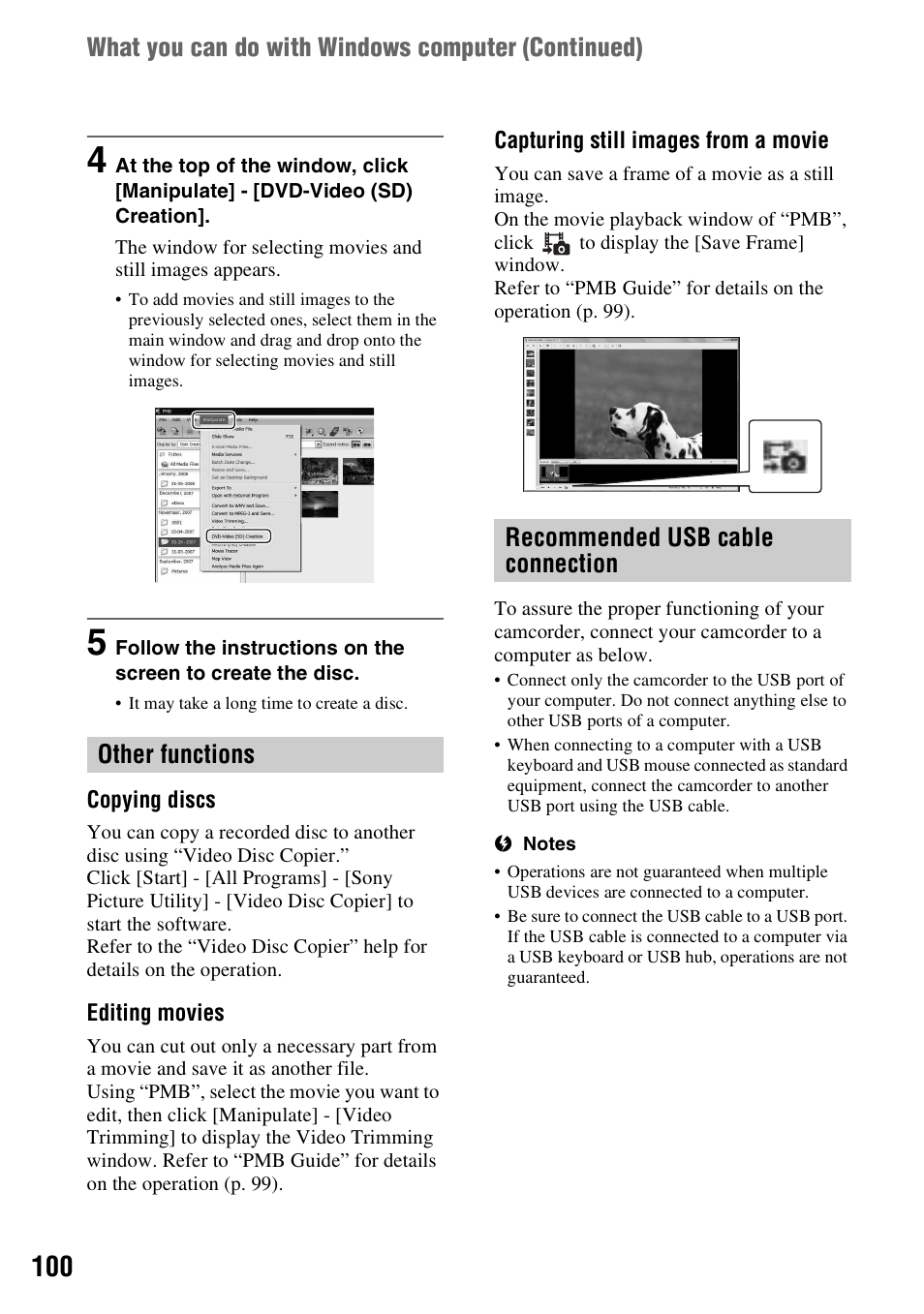 What you can do with windows computer (continued), Other functions recommended usb cable connection | Sony DCR-DVD850 User Manual | Page 100 / 159