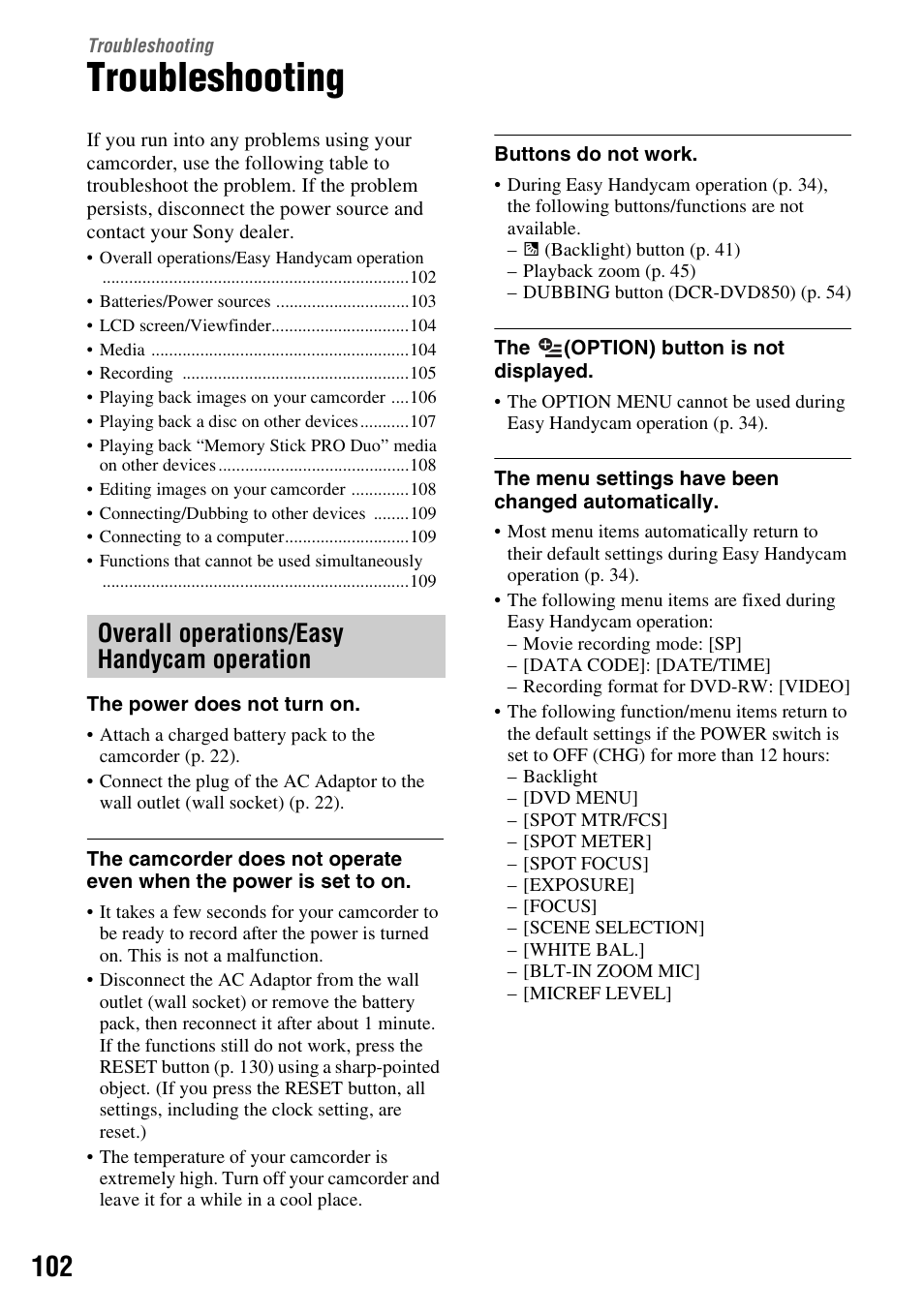 Troubleshooting, Overall operations/easy handycam operation | Sony DCR-DVD850 User Manual | Page 102 / 159