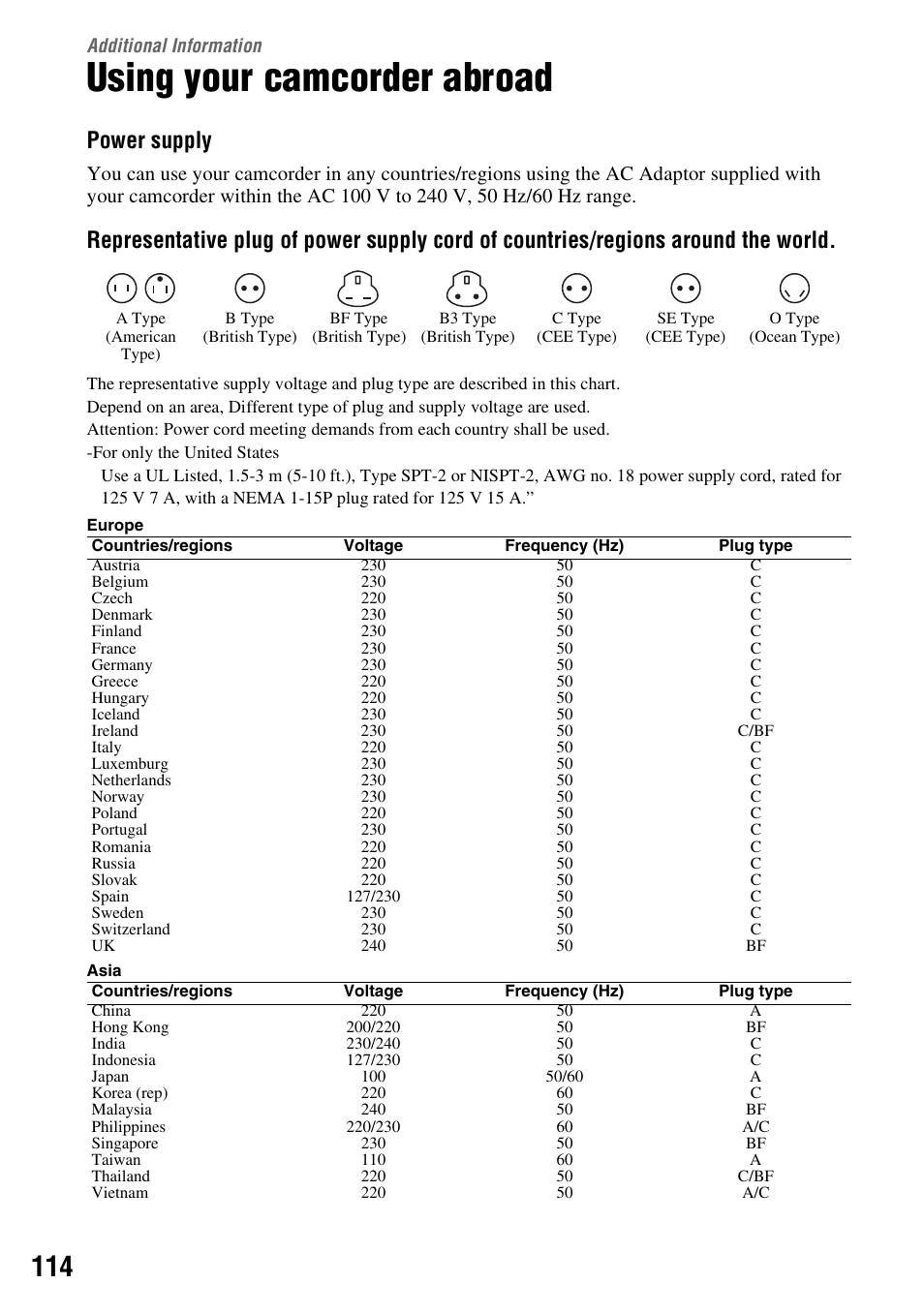 Additional information, Using your camcorder abroad, Additional | Information, Power supply | Sony DCR-DVD850 User Manual | Page 114 / 159