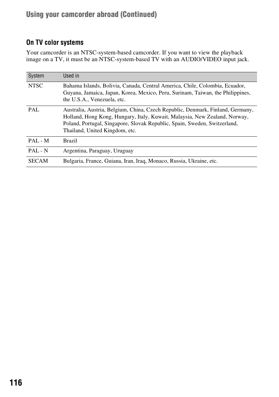 Using your camcorder abroad (continued) | Sony DCR-DVD850 User Manual | Page 116 / 159