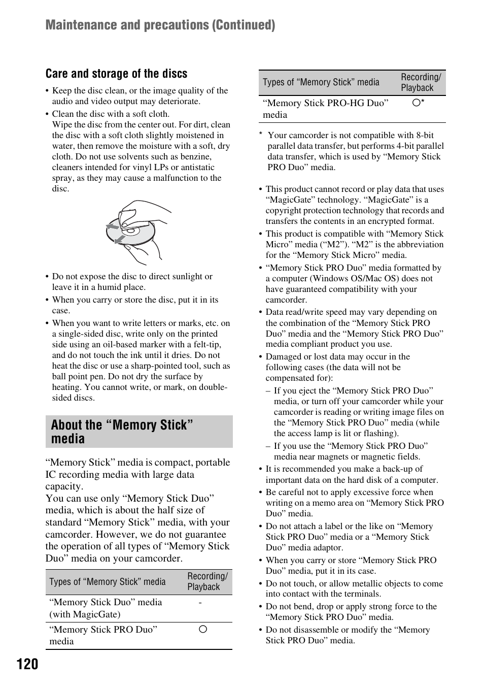 About the “memory stick” media, Cloth (p. 120, P. 120) | H (p. 120, P. 120, Maintenance and precautions (continued), Care and storage of the discs | Sony DCR-DVD850 User Manual | Page 120 / 159