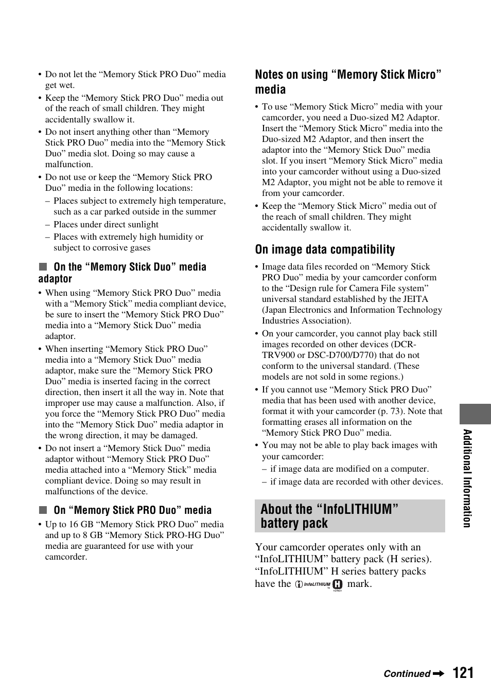 About the “infolithium” battery pack, About the “infolithium” battery, Pack | P. 121), On (p. 121), On image data compatibility | Sony DCR-DVD850 User Manual | Page 121 / 159