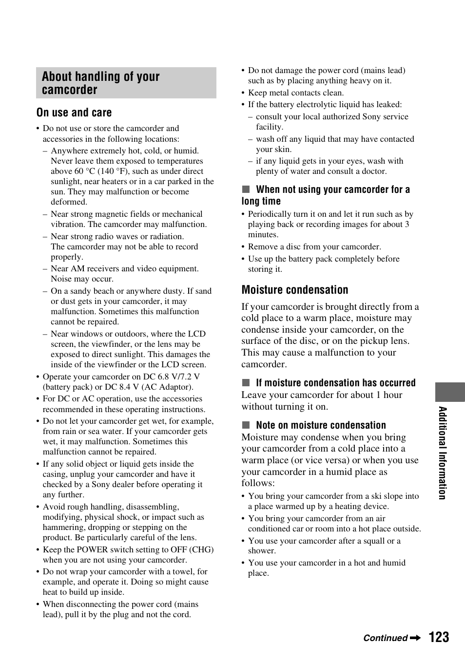 About handling of your camcorder, P. 123), On use and care | Moisture condensation | Sony DCR-DVD850 User Manual | Page 123 / 159