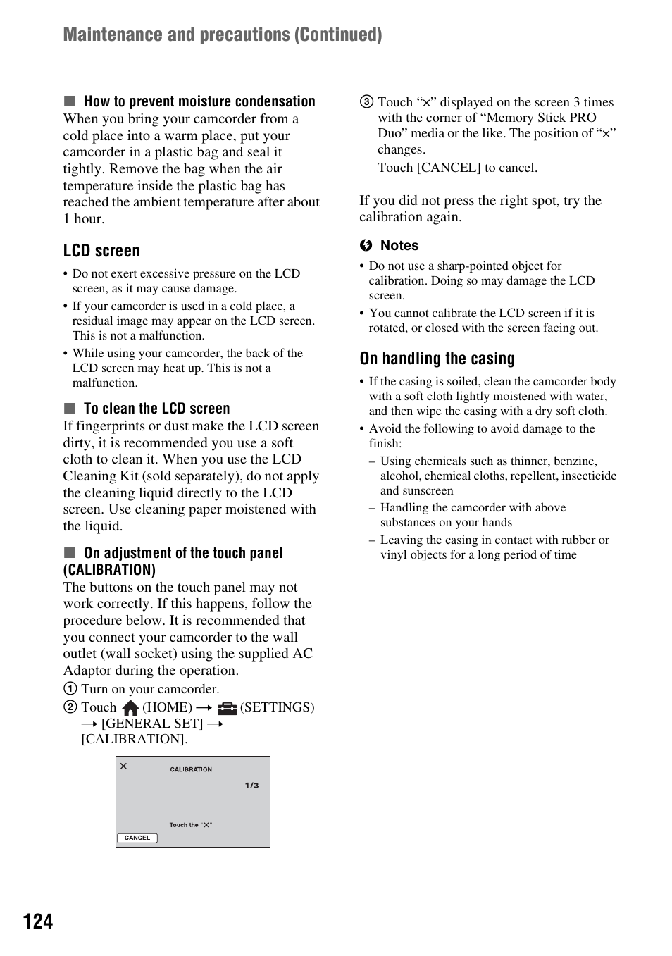 P. 124), Maintenance and precautions (continued), Lcd screen | On handling the casing | Sony DCR-DVD850 User Manual | Page 124 / 159