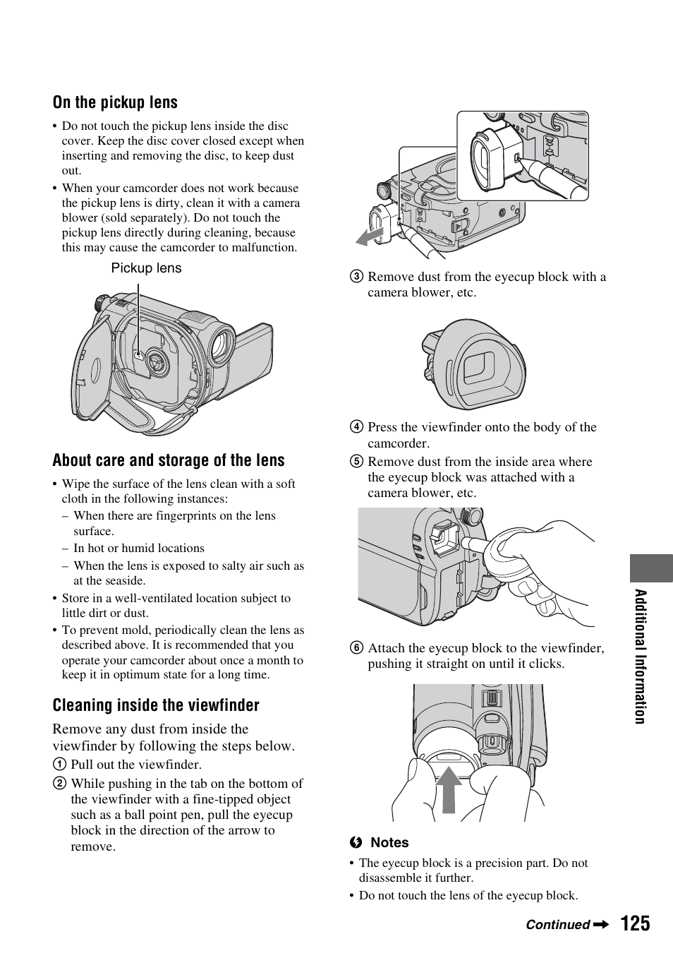 P. 125), On the pickup lens, About care and storage of the lens | Cleaning inside the viewfinder | Sony DCR-DVD850 User Manual | Page 125 / 159