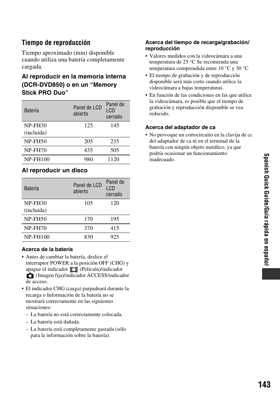 Tiempo de reproducción | Sony DCR-DVD850 User Manual | Page 143 / 159