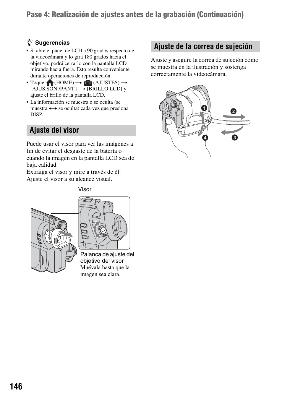 Ajuste del visor, Ajuste de la correa de sujeción | Sony DCR-DVD850 User Manual | Page 146 / 159