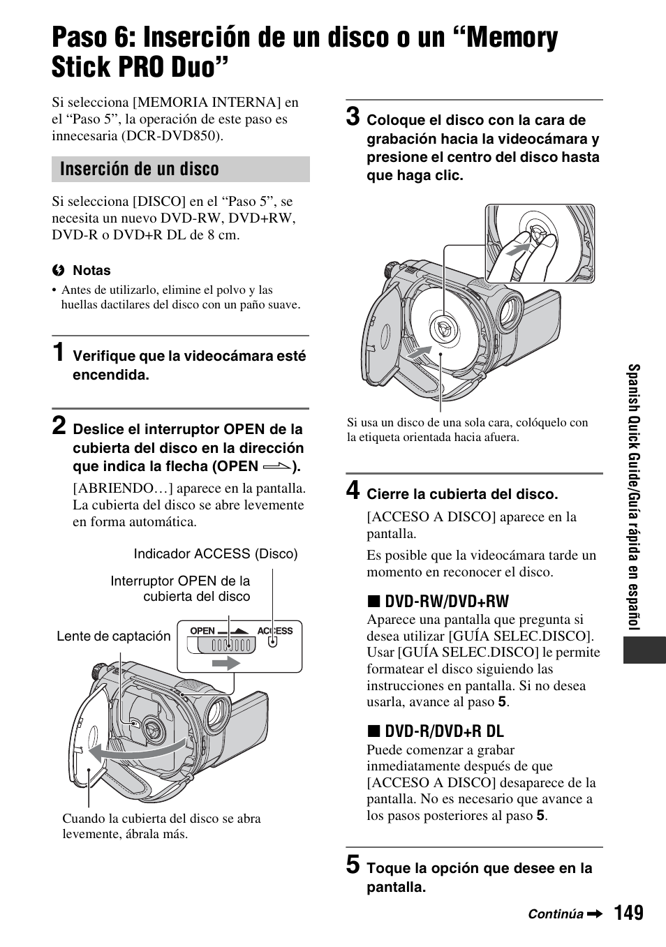 Inserción de un disco | Sony DCR-DVD850 User Manual | Page 149 / 159