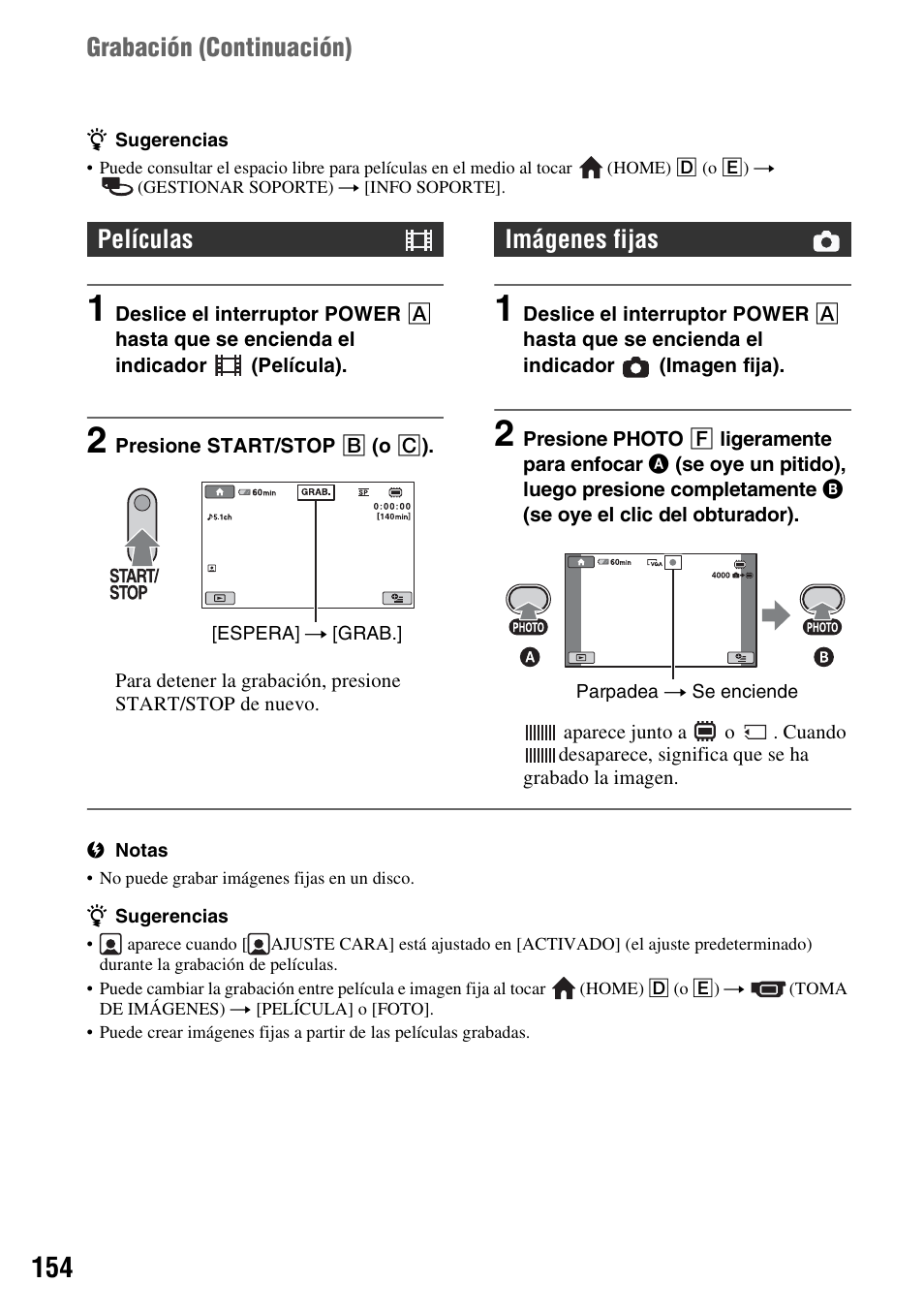 Grabación (continuación), Películas, Imágenes fijas | Sony DCR-DVD850 User Manual | Page 154 / 159