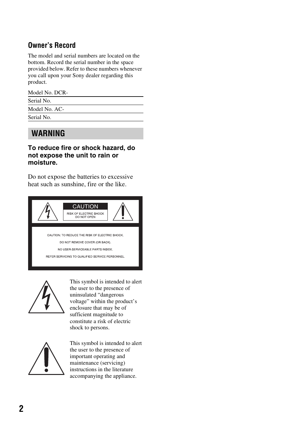 Warning | Sony DCR-DVD850 User Manual | Page 2 / 159
