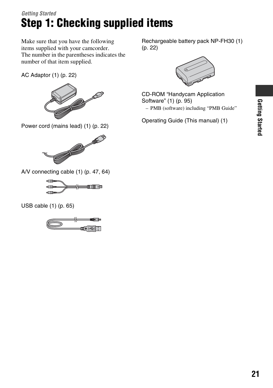 Getting started, Step 1: checking supplied items | Sony DCR-DVD850 User Manual | Page 21 / 159