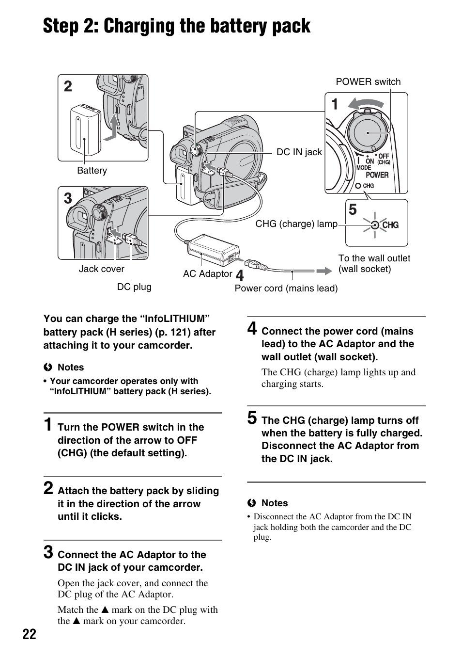 Step 2: charging the battery pack, P. 22) | Sony DCR-DVD850 User Manual | Page 22 / 159
