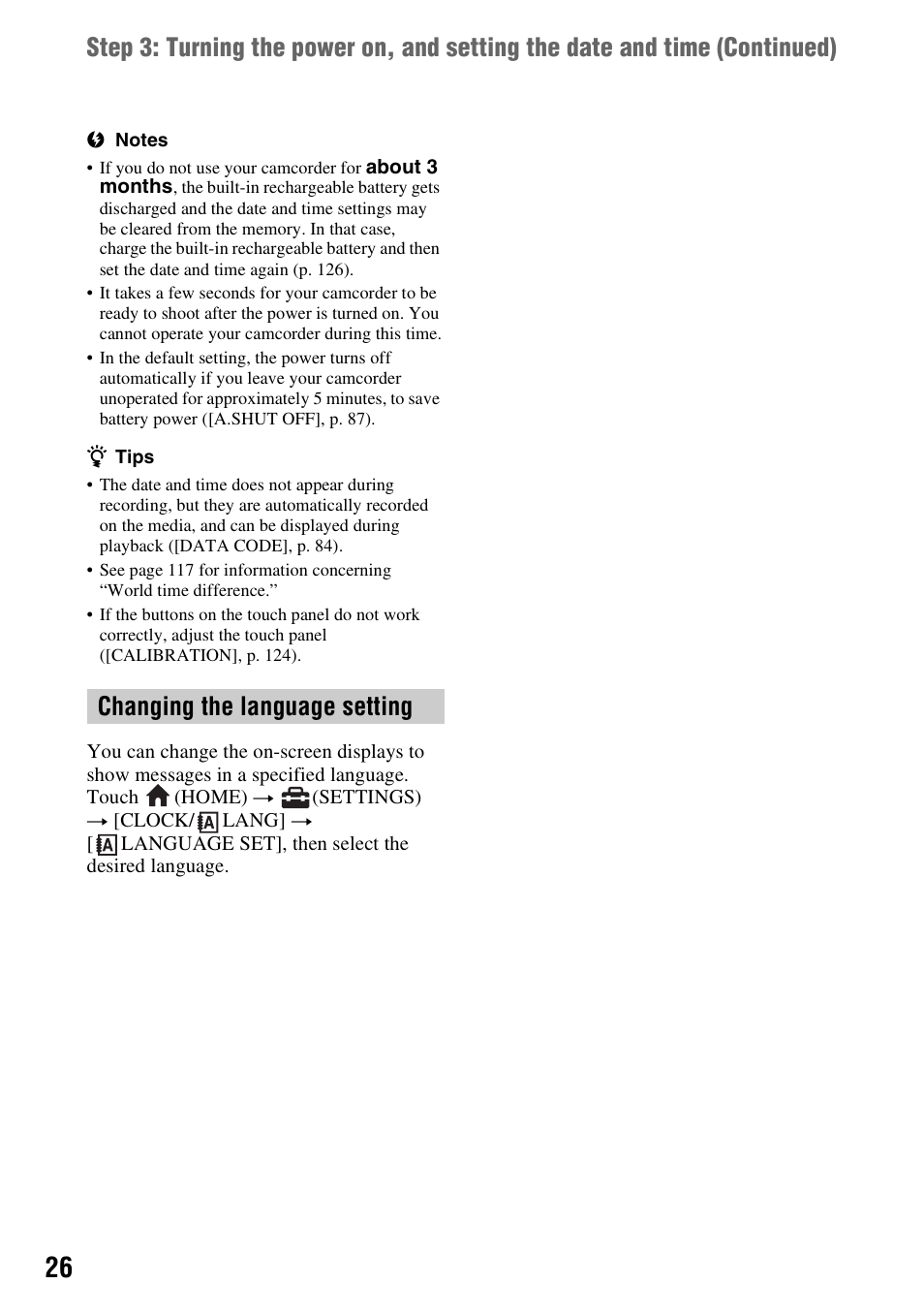 Changing the language setting, P. 26) | Sony DCR-DVD850 User Manual | Page 26 / 159
