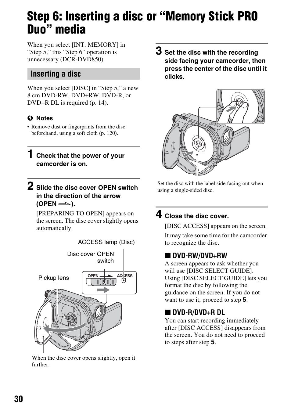 P. 30, Step 6: inserting a disc or “memory, Stick pro duo” media | P. 30) | Sony DCR-DVD850 User Manual | Page 30 / 159