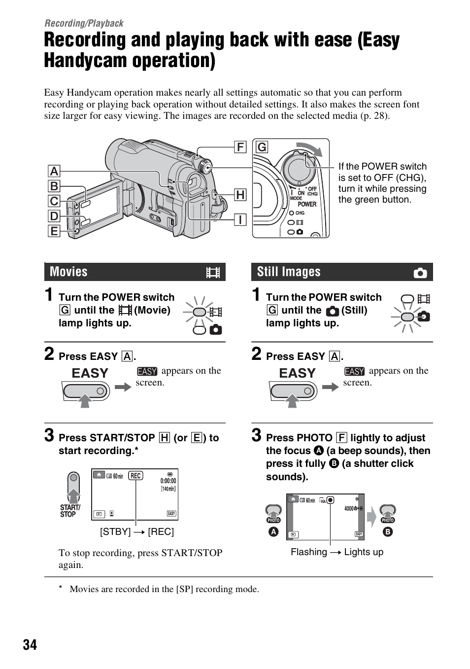 Recording/playback, Recording/playback 34, Recording and playing back with ease | Easy handycam operation), P. 34), P. 34, On (p. 34 | Sony DCR-DVD850 User Manual | Page 34 / 159