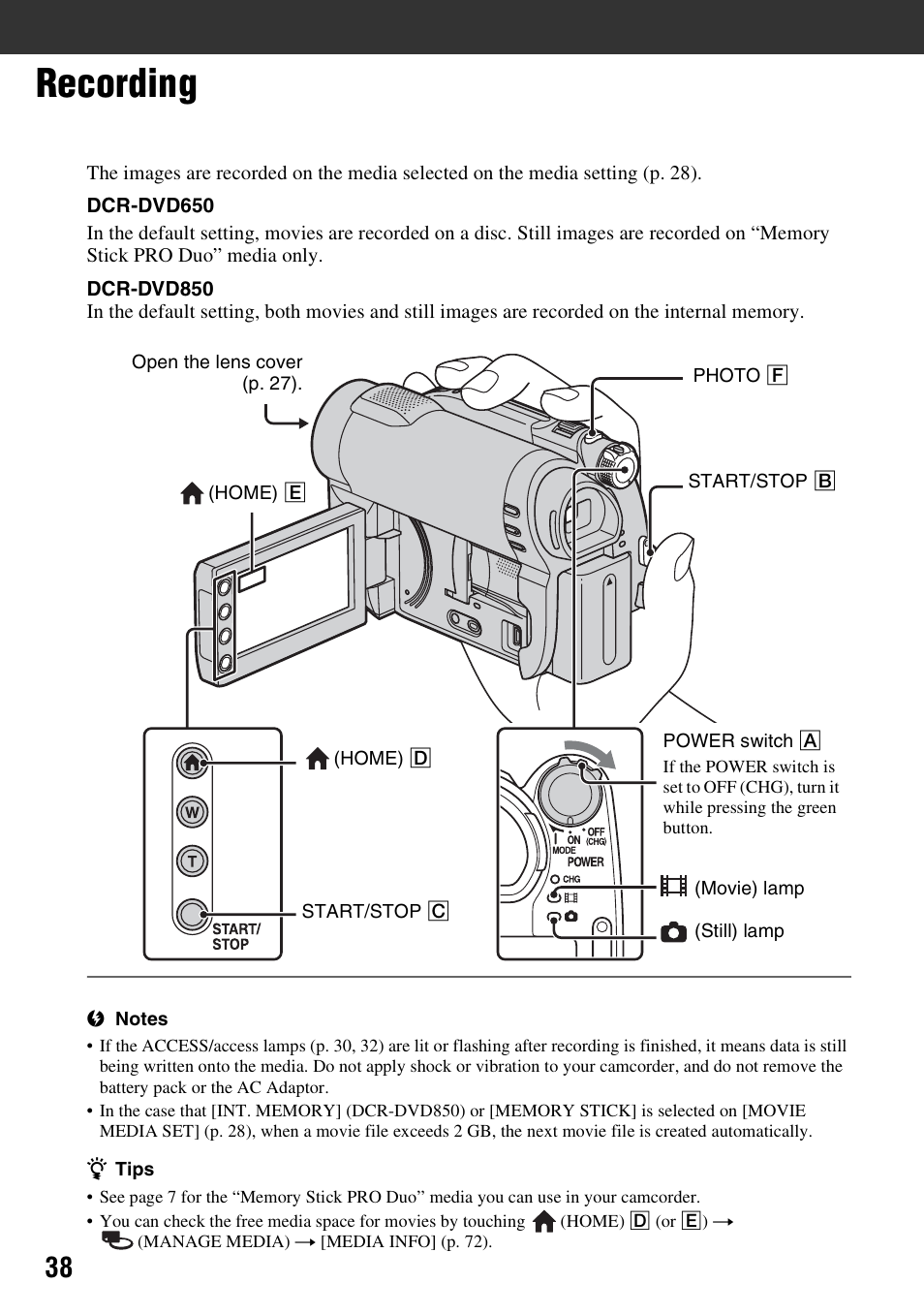 Recording, P. 38) | Sony DCR-DVD850 User Manual | Page 38 / 159
