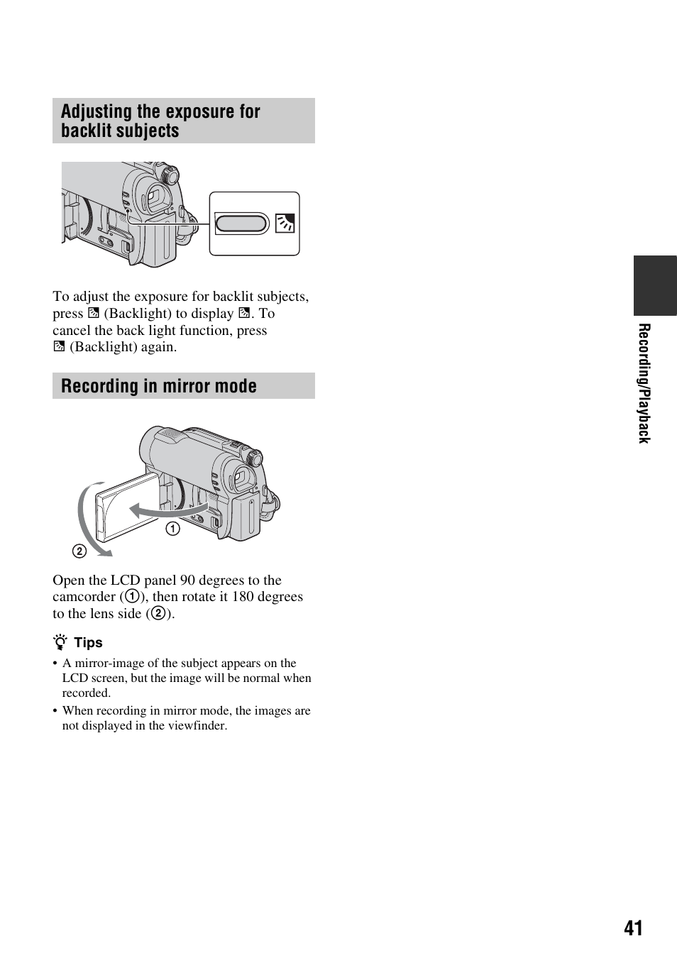 Adjusting the exposure for backlit subjects, Recording in mirror mode, Adjusting the exposure for backlit | Subjects | Sony DCR-DVD850 User Manual | Page 41 / 159