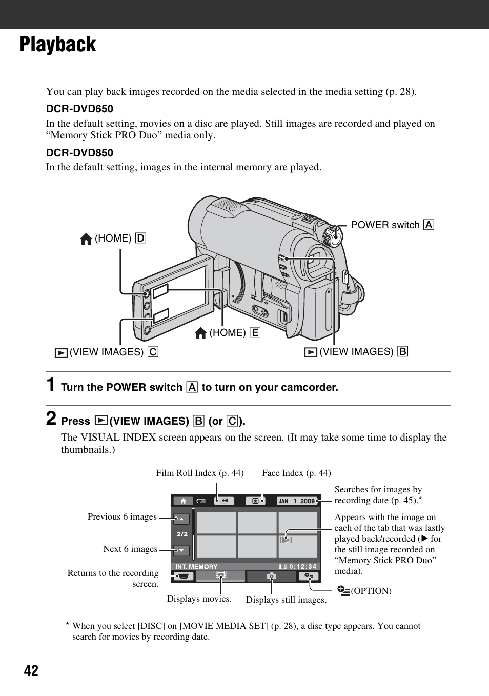 Playback | Sony DCR-DVD850 User Manual | Page 42 / 159