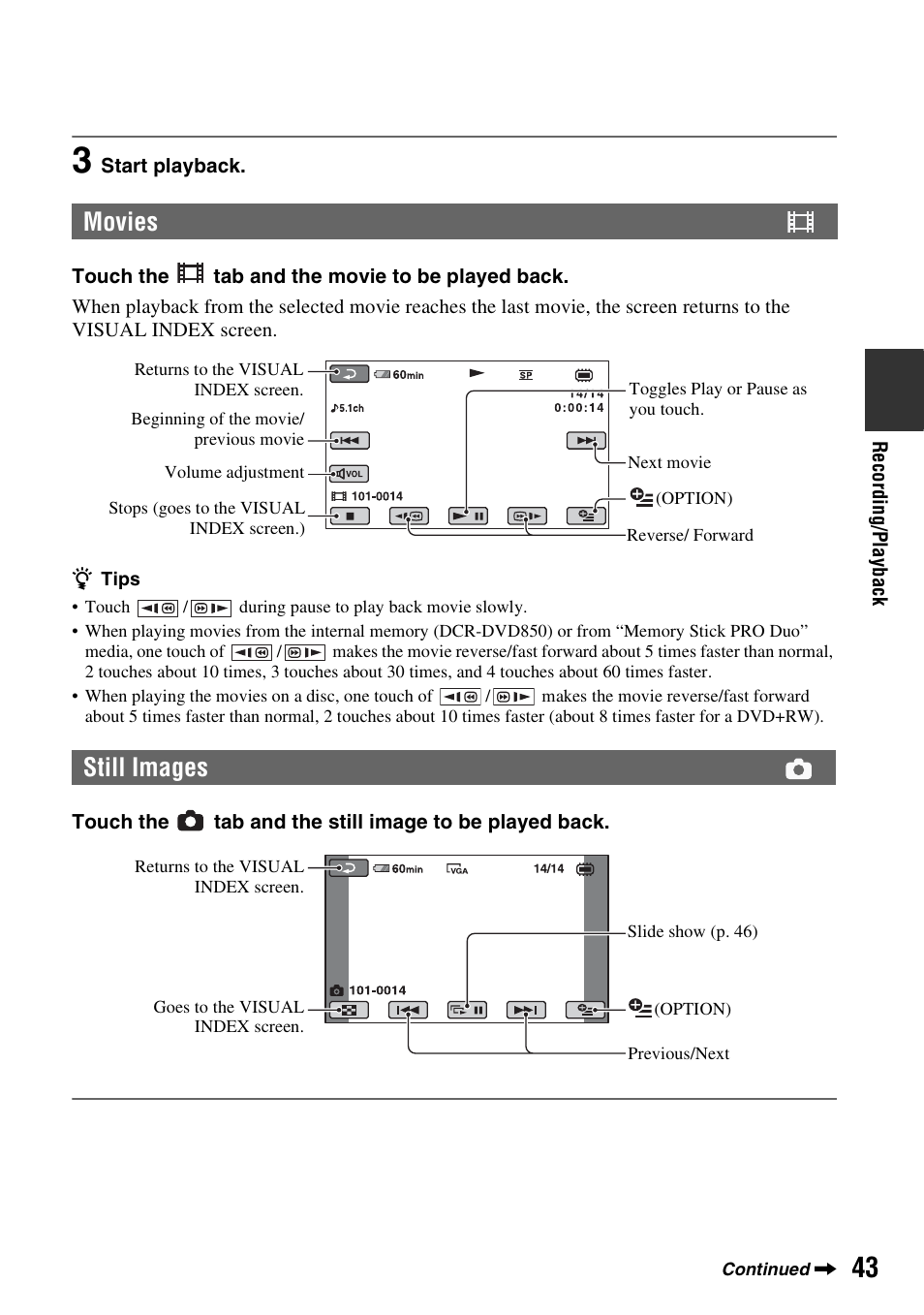 Movies still images | Sony DCR-DVD850 User Manual | Page 43 / 159