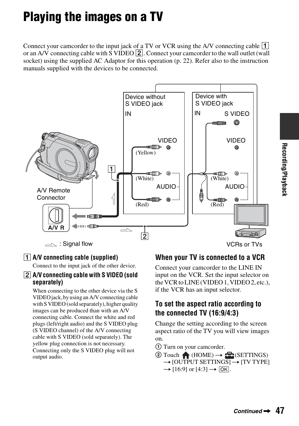 Playing the images on a tv, P. 47), P. 47, 64 | Sony DCR-DVD850 User Manual | Page 47 / 159