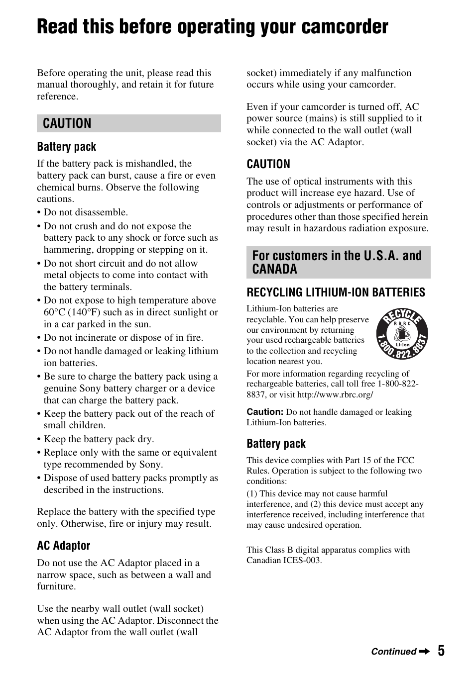 Read this before operating your camcorder, Caution for customers in the u.s.a. and canada | Sony DCR-DVD850 User Manual | Page 5 / 159