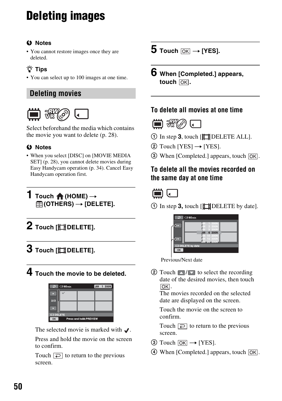 Deleting images, P. 50), Deleting movies | Sony DCR-DVD850 User Manual | Page 50 / 159