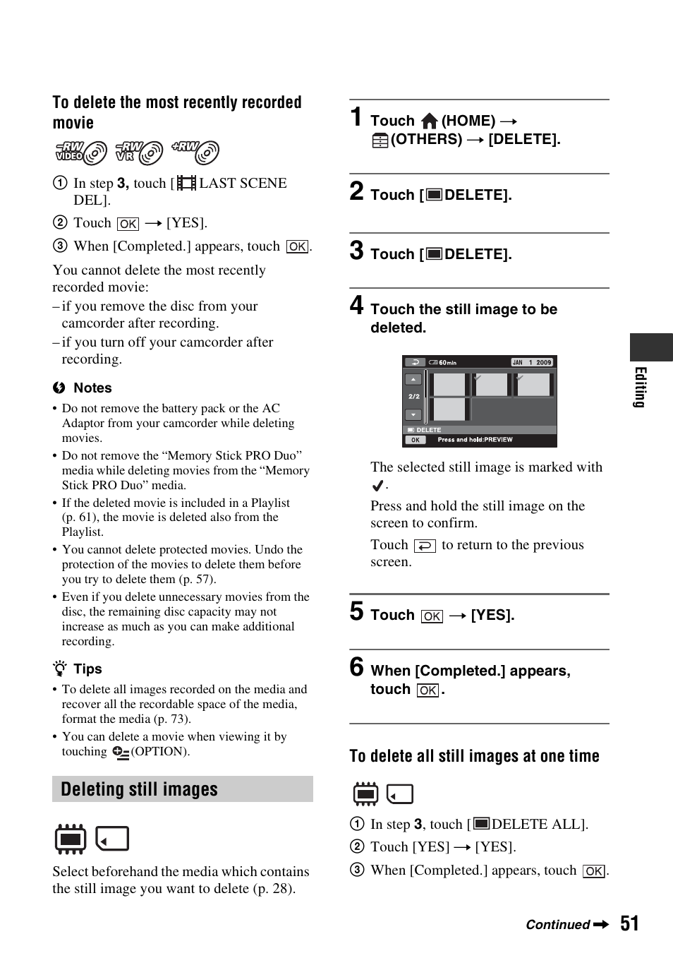 Deleting still images | Sony DCR-DVD850 User Manual | Page 51 / 159
