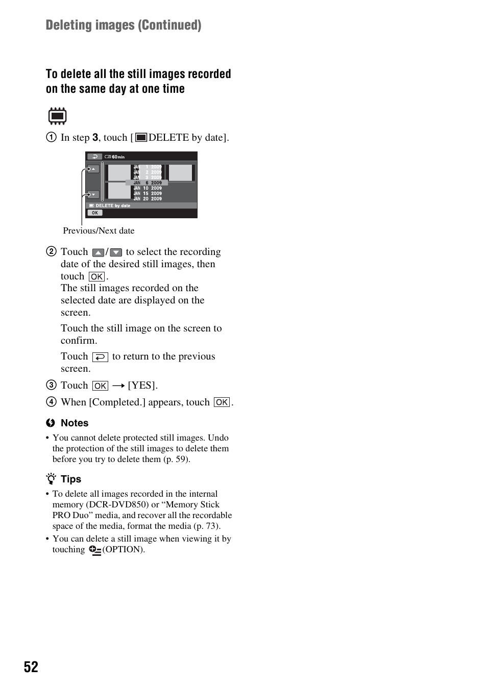 Deleting images (continued) | Sony DCR-DVD850 User Manual | Page 52 / 159