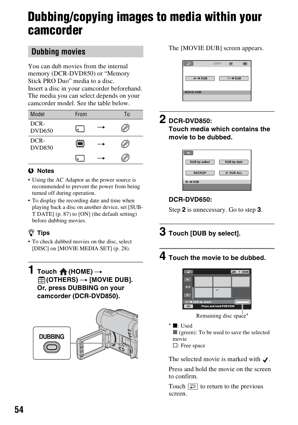 P. 54, Dubbing/copying images to media, Within your camcorder | P. 54), Dubbing movies | Sony DCR-DVD850 User Manual | Page 54 / 159