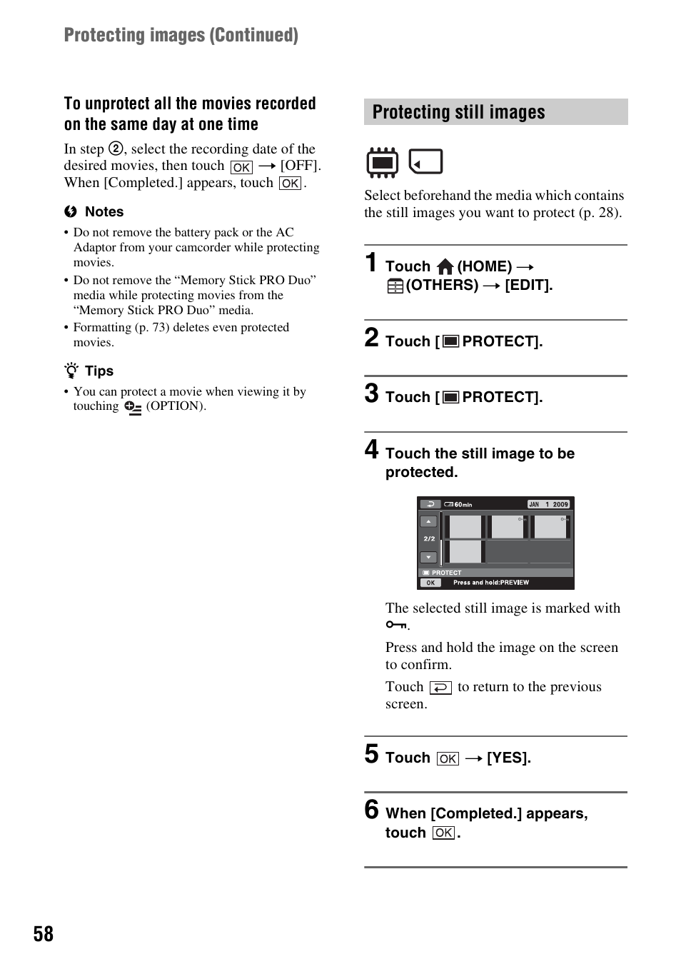 Protecting images (continued), Protecting still images | Sony DCR-DVD850 User Manual | Page 58 / 159